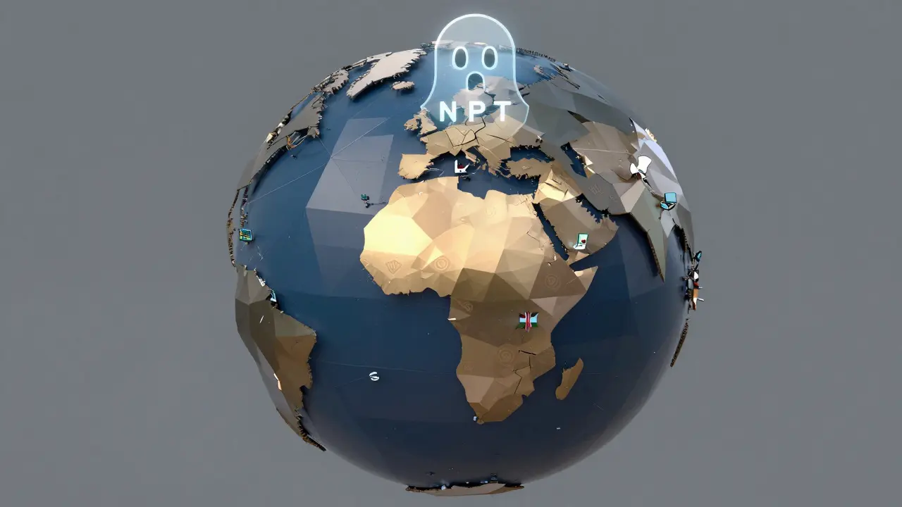 A fractured globe lit only in Africa, with disconnected devices and a ghost NFT above.