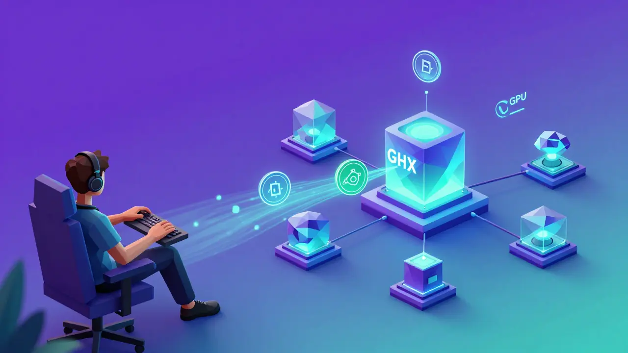 A gamer relaxing while a network of geometric GPUs transmits GHX tokens to an AI generator.