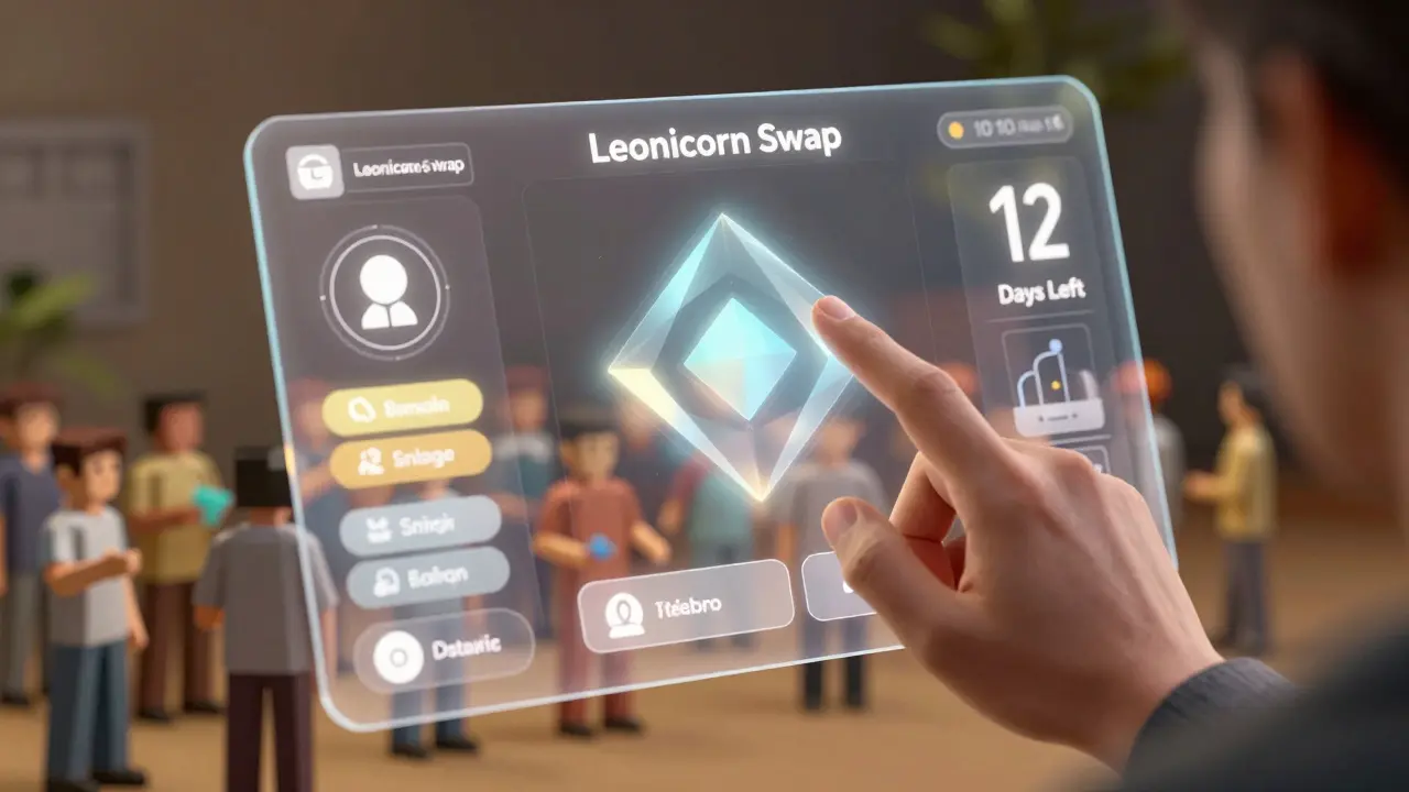 A hand interacting with a holographic DeFi dashboard showing swap, liquidity, and referral options with a countdown timer.