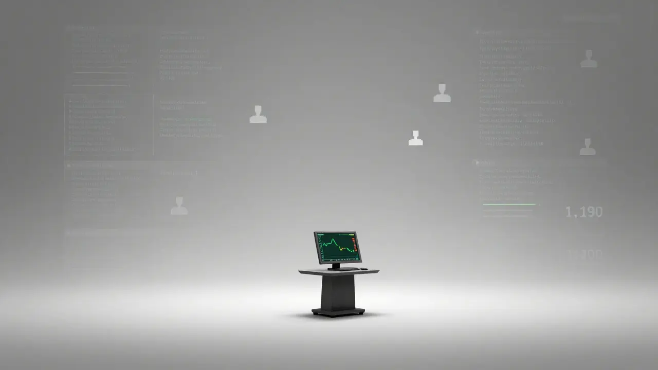 A lone Binance terminal showing MOT's collapsing price in an empty digital landscape.