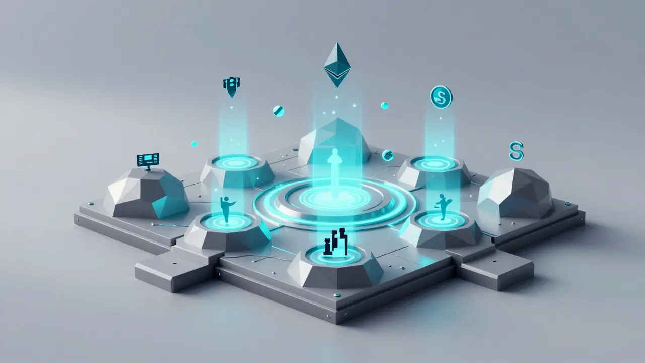 A multi-chain launchpad with geometric shapes and rising project icons, illuminated by cyan and gray tones.