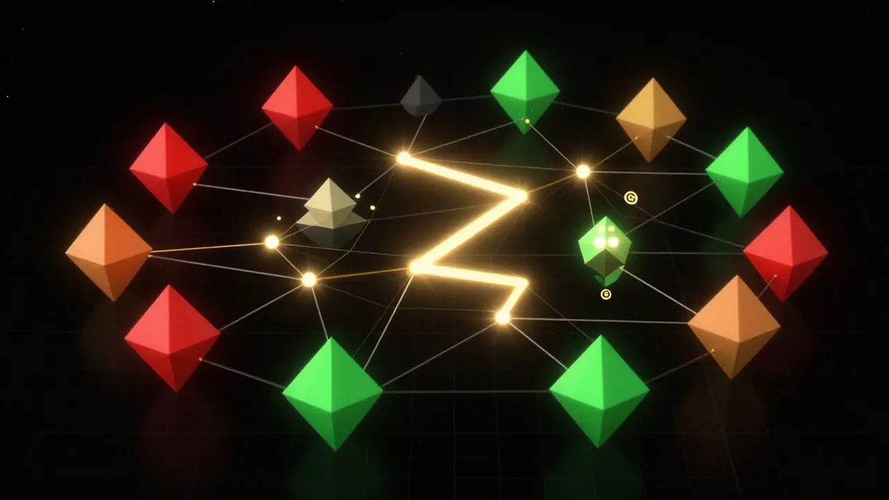 A network of low-poly nodes with balanced and unbalanced channels, one payment route glowing through the system.