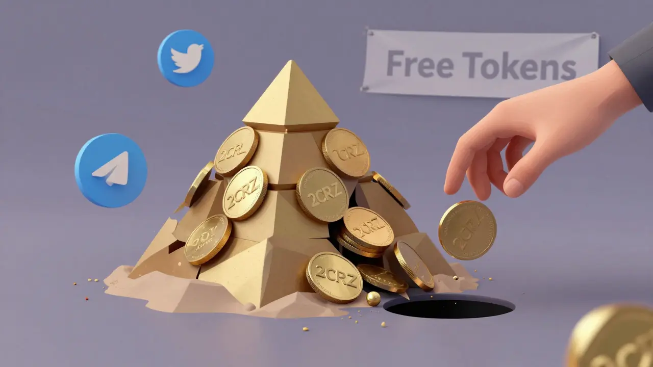 A pyramid of 2CRZ tokens collapsing into dust as one hand catches a piece and another drains them into a black hole wallet.