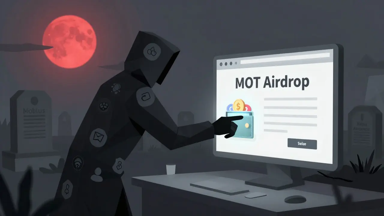 A scammer in a cloak of social media icons luring a wallet toward a fake airdrop portal.