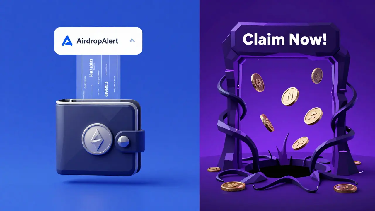 A split scene showing a safe airdrop connection versus a malicious wallet-draining portal in low-poly digital style.