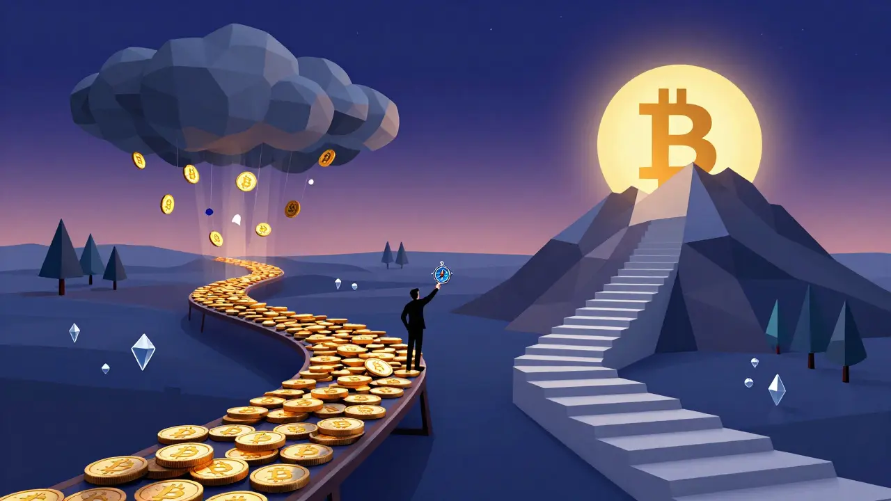 Abstract low poly landscape with two paths: chaotic fee bridge vs calm Bitcoin mountain