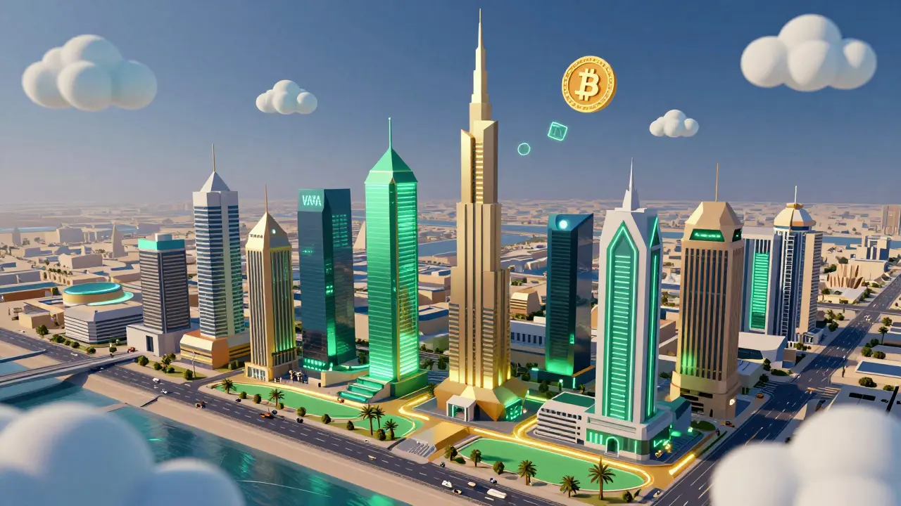 Aerial view of Dubai’s crypto regulatory zones connected by glowing digital pathways.