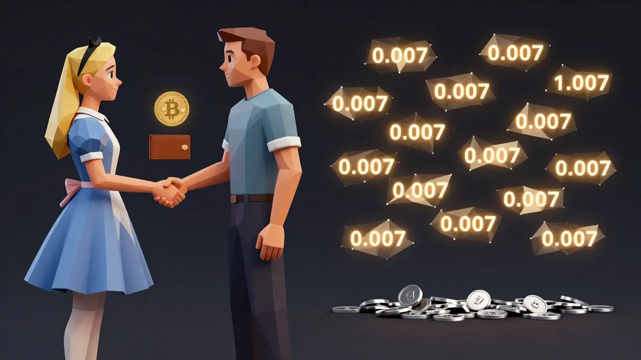 Alice and Bob exchange payments through a state channel, with off-chain updates floating above a distant blockchain.