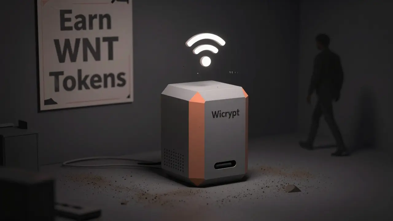 An unused Wicrypt device in a dark room, its Wi-Fi signal dissolving into static.