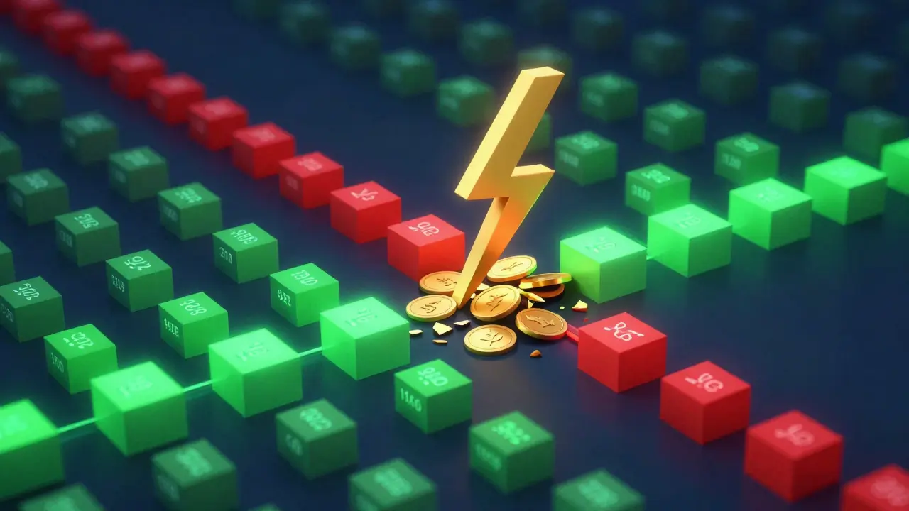 Blockchain of geometric blocks with voting validators, a massive slash icon above shattered ETH tokens.