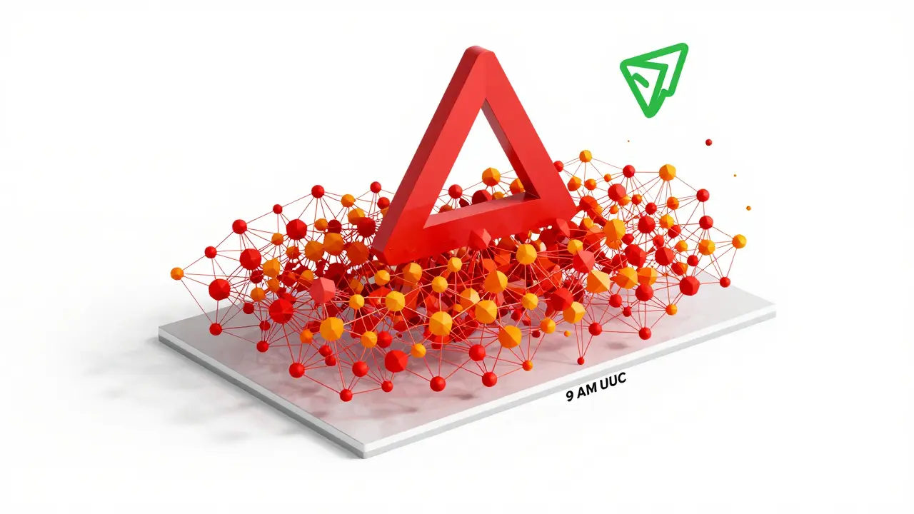 Congested Polygon network with red transaction nodes during peak hours, showing high fee conditions.