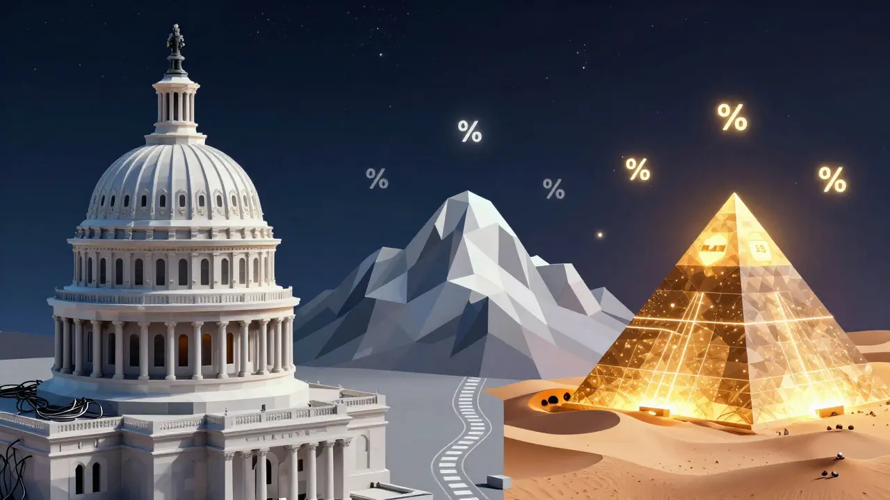 Contrasting global crypto policies: rigid U.S. structure vs. sleek Swiss and UAE digital hubs.