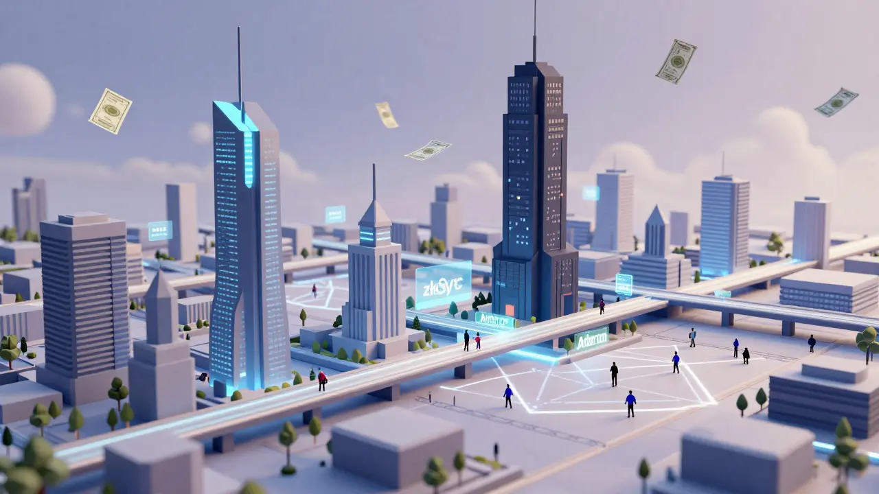 Decentralized city of Layer 2 networks connected by glowing bridges with users moving between them.