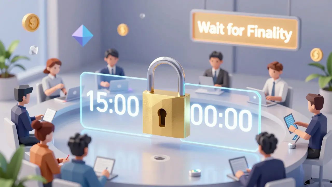 DeFi trading scene with a 15-minute timer counting down to a golden lock securing a transaction.