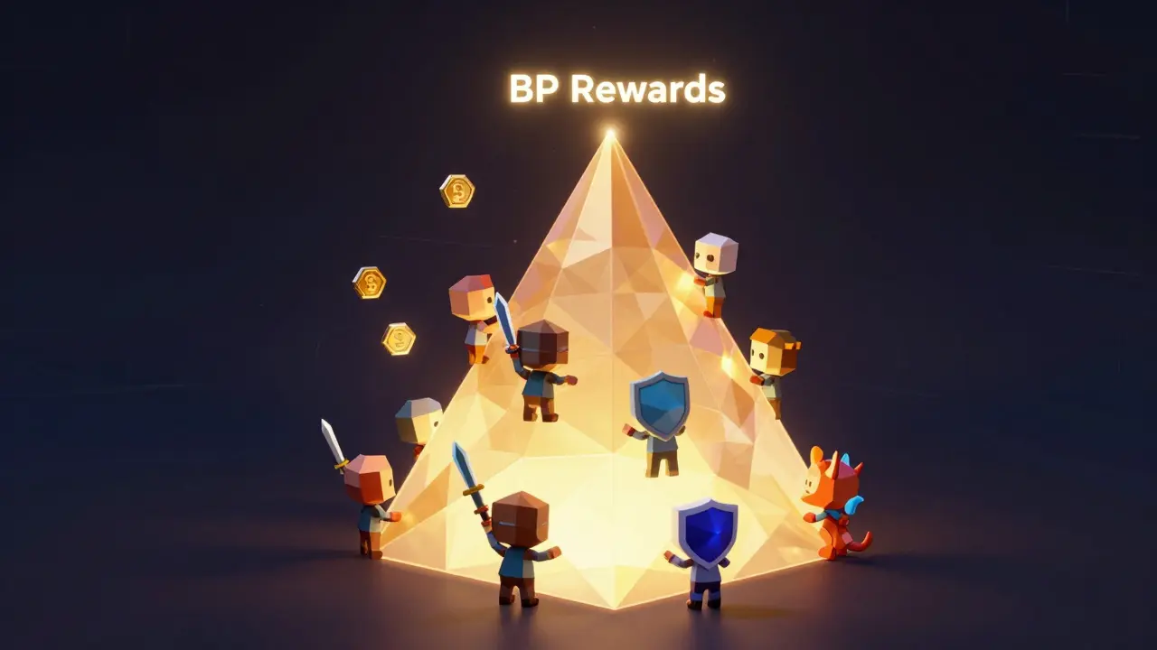 Developers ascending a glowing pyramid as NFTs rise into BP tokens.