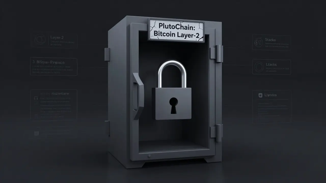 Empty secure vault labeled 'PlutoChain: Bitcoin Layer-2' standing alone in a digital void.