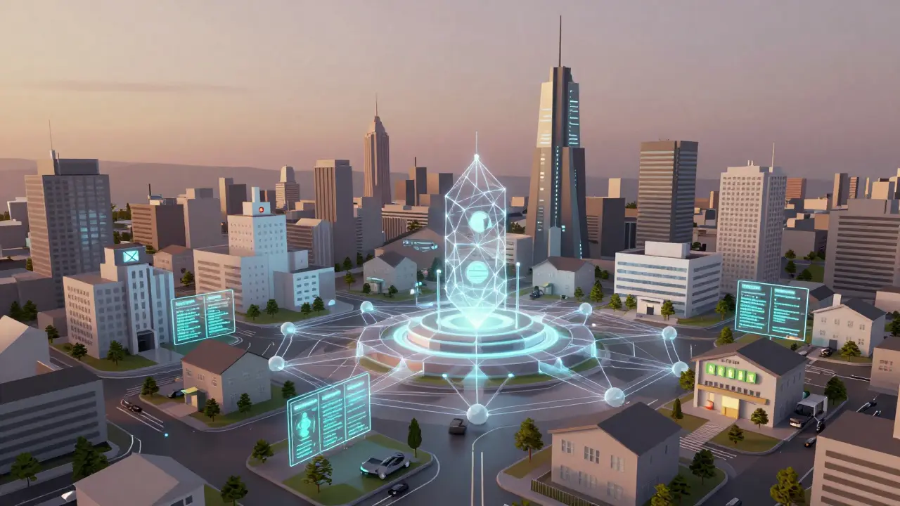 Futuristic city with invisible blockchain networks connecting healthcare, energy, and retail systems in low poly style.