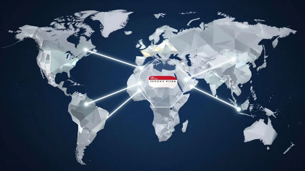 Globe with Singapore enclosed in a license barrier, connected to global financial centers.