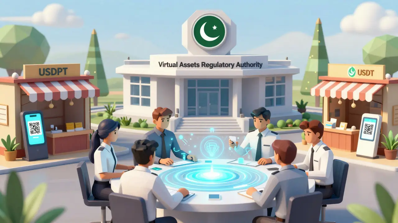 Government team working with a blockchain hologram as rural shops accept USDT payments.