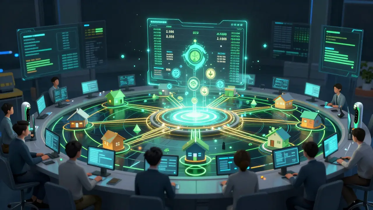 Holographic low-poly energy grid showing real-time power flows and blockchain transaction tokens.