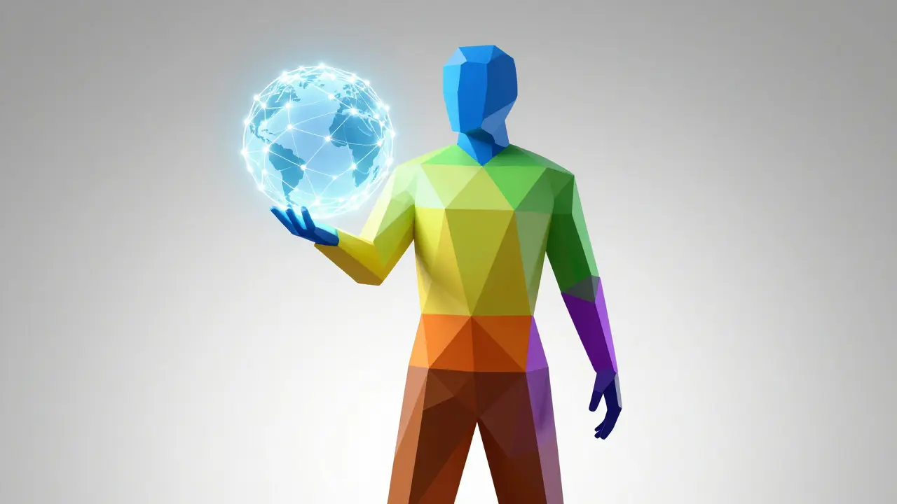 Human figure composed of polygonal segments representing different blockchain sectors, holding a connected globe.