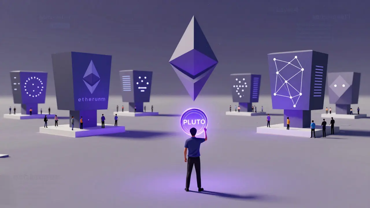 Isolated trader holding a PLUTO token while major blockchains glow with activity in the background.