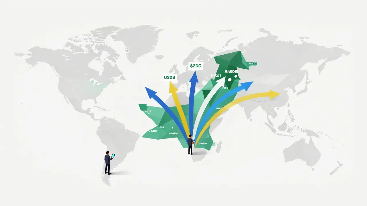 Low-poly map of Pakistan with dense stablecoin inflows from around the world into major cities.