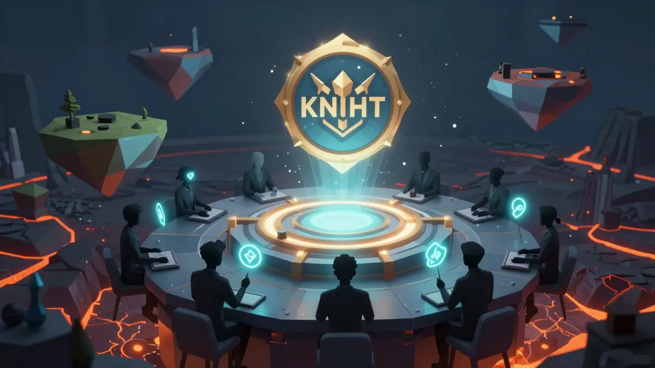 Player avatars voting in a floating DAO chamber with a central KNIGHT token