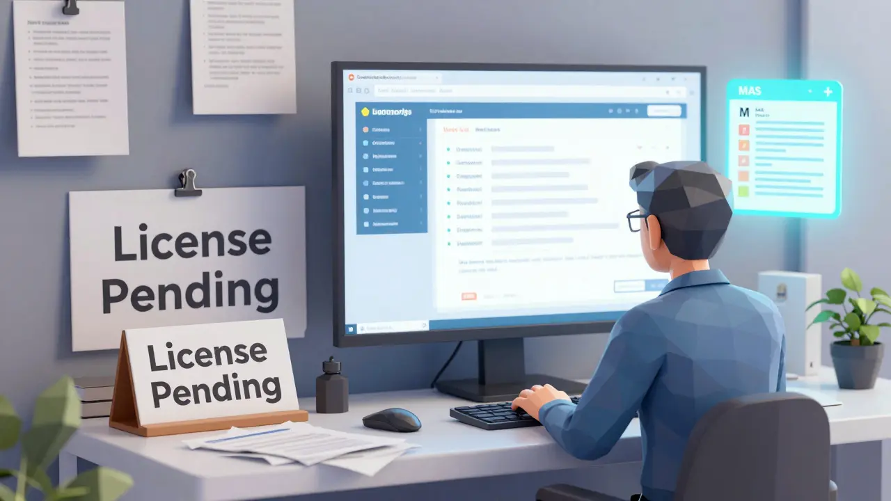 Split scene: chaotic desk vs. organized compliance workspace with MAS checklist.