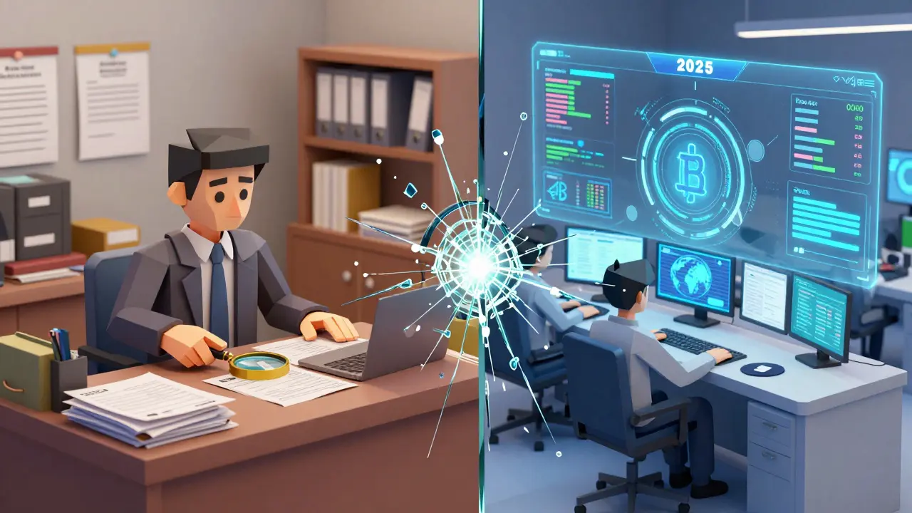 Split scene comparing old bank AML practices with modern blockchain compliance centers.