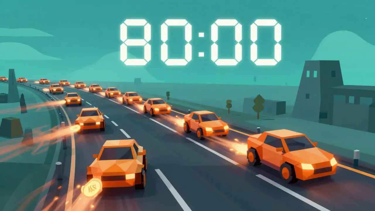 Ten low-poly parachains racing on a relay chain highway with KSM tokens trailing behind.