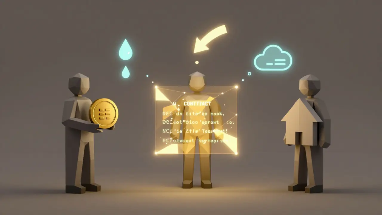 Three abstract figures connected by a glowing smart contract triggering automated actions.