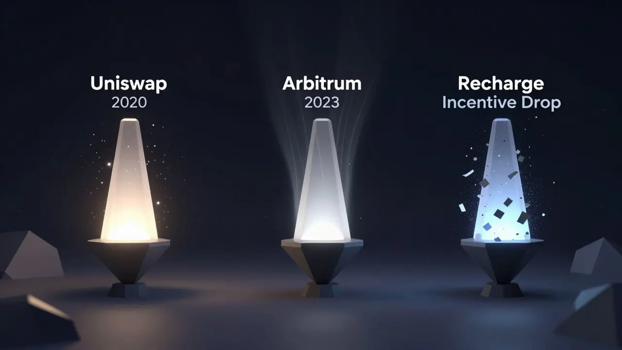 Three floating beacons representing real vs. fake airdrops, with one crumbling into dust against a starfield of verified projects.