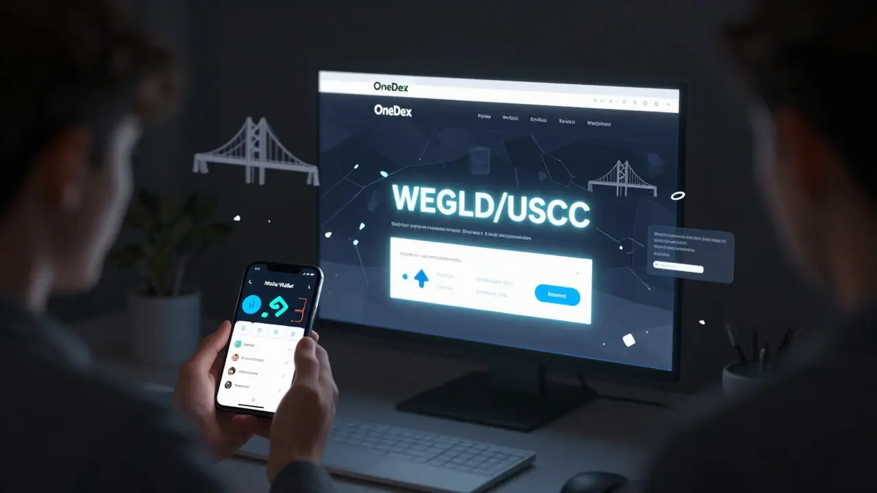 User viewing OneDex on phone with holographic interface, broken bridge icons and error shards around them.
