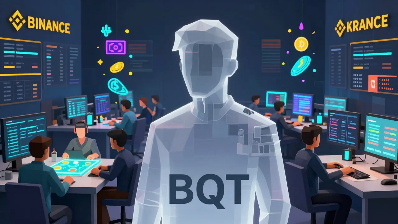 Vibrant active crypto exchanges contrasted with a hollow, fading silhouette of the defunct BQT platform.