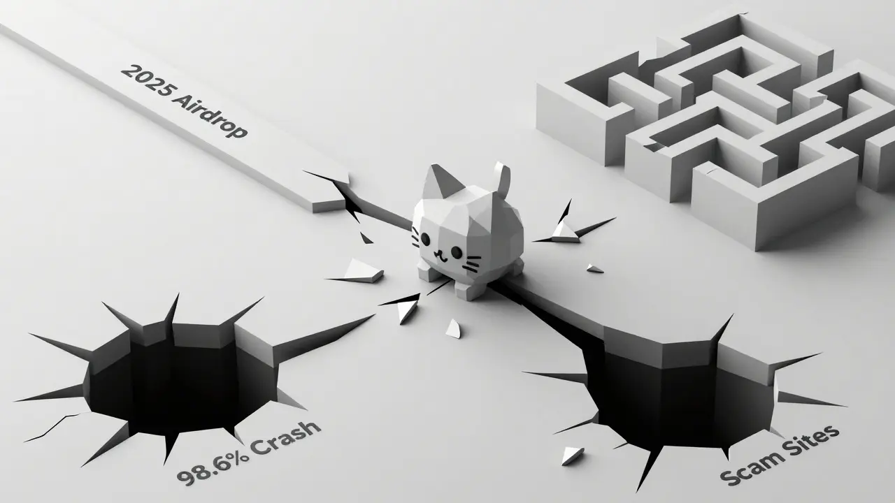 A broken NEKO token surrounded by three failing pathways representing airdrop end, crash, and scams.