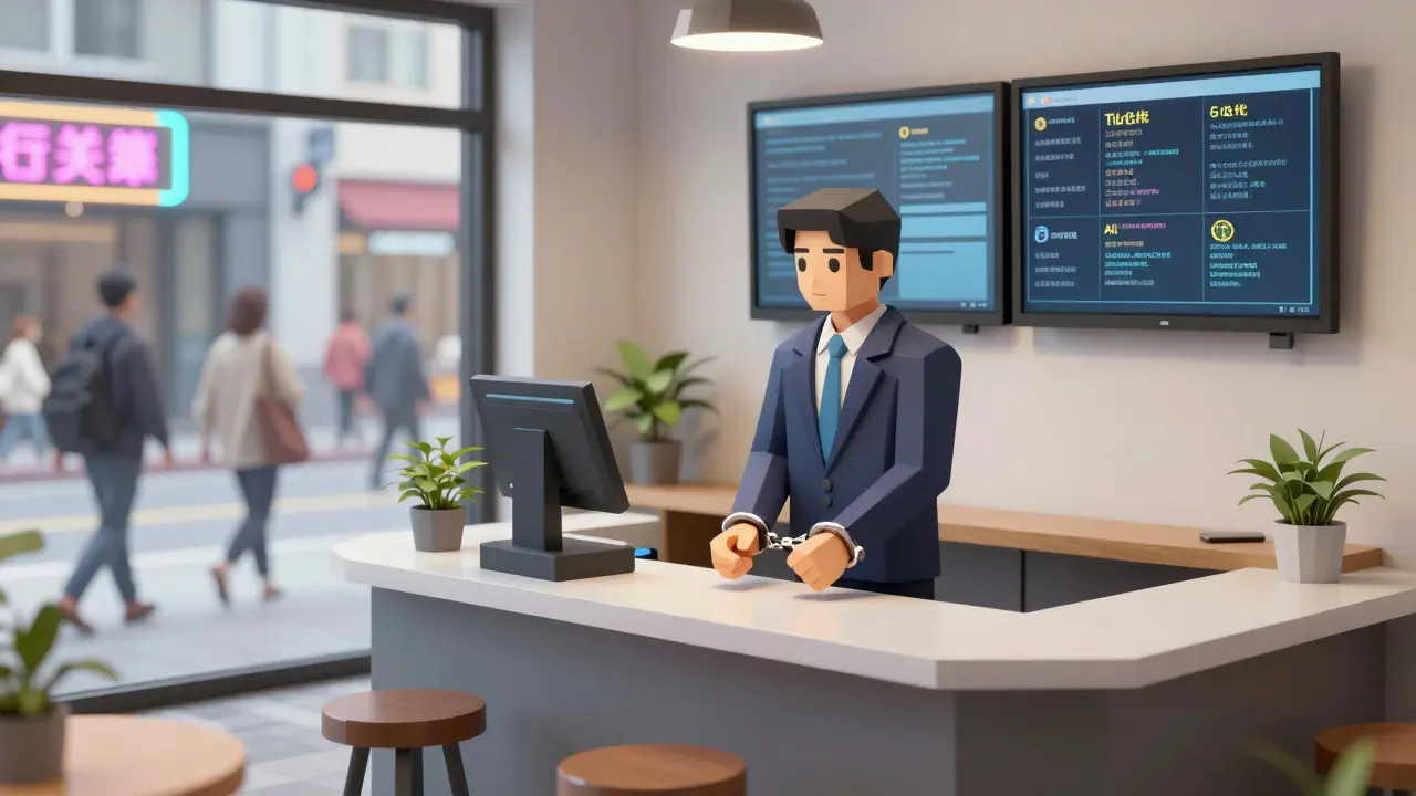 A café owner handcuffed to a digital yuan terminal under surveillance monitors.