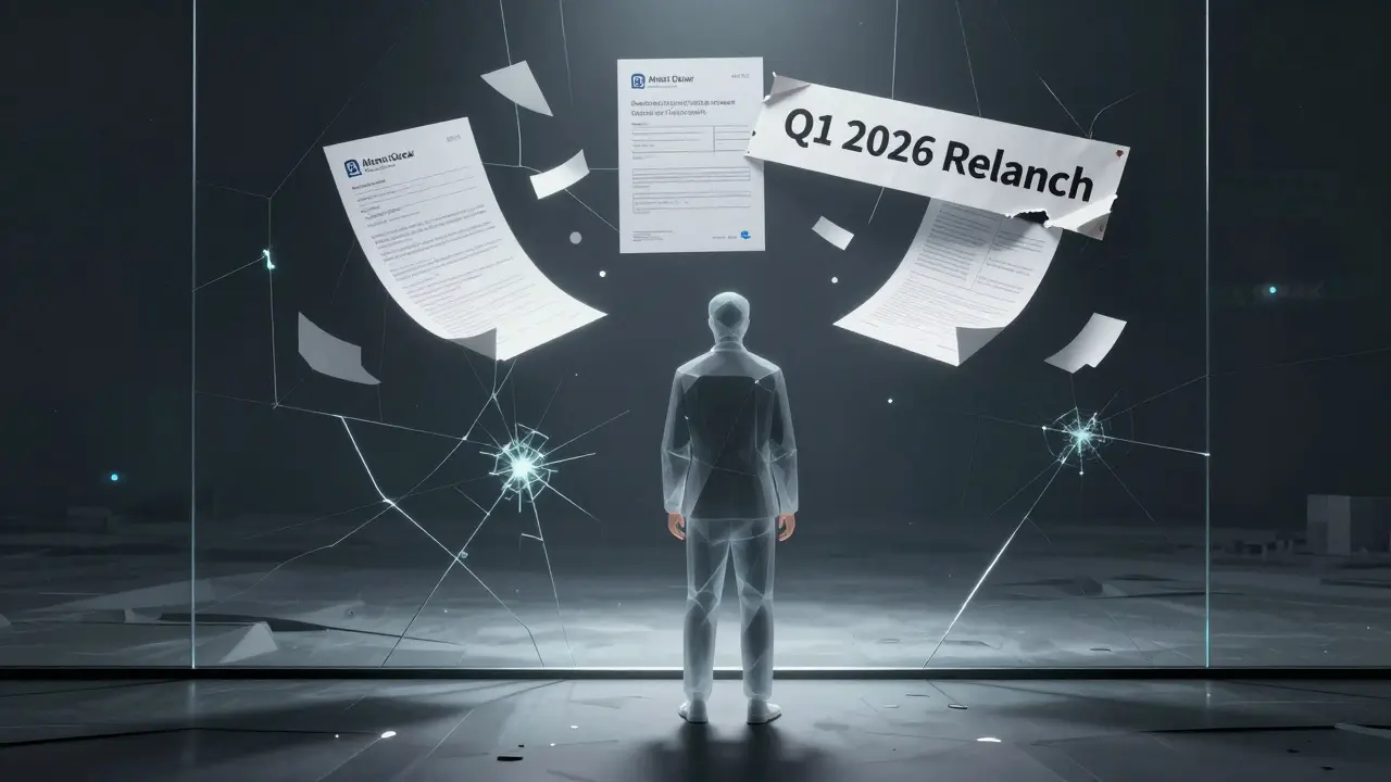 A ghostly founder behind glass, surrounded by abandoned whitepapers and a fading market cap number in a barren digital landscape.