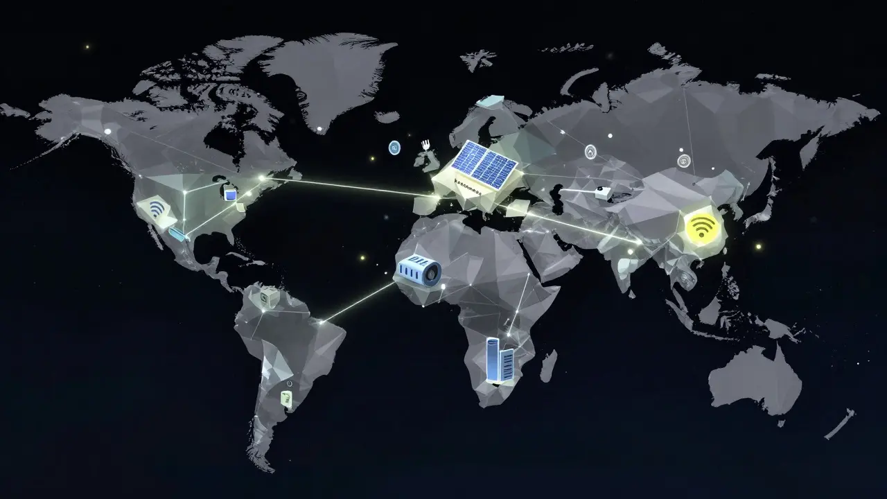 A global network of low-poly nodes connected by glowing lines, representing decentralized infrastructure.