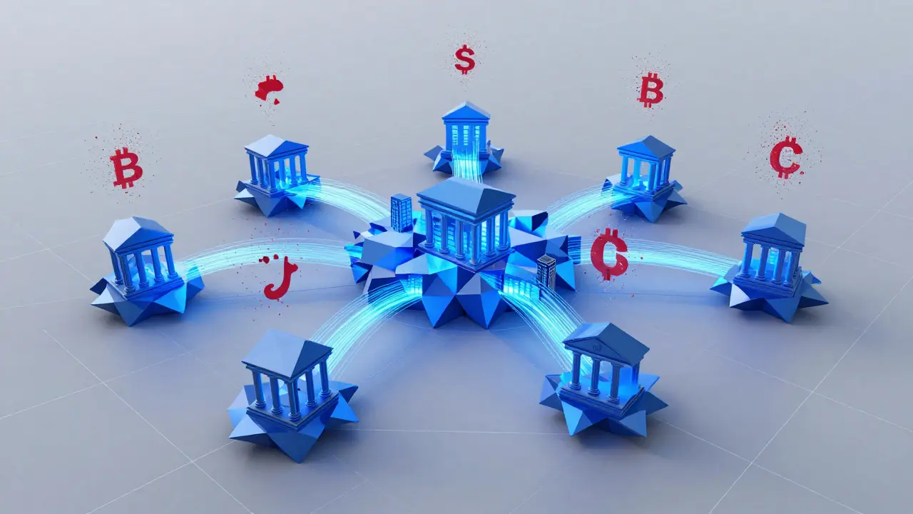 A network of glowing blue digital yuan nodes erasing fragmented crypto symbols into dust.