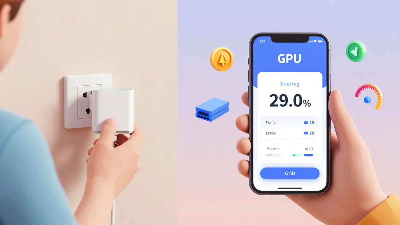 A person connecting a hotspot while viewing token earnings on a mobile app interface.