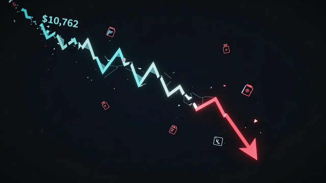 A shattered crypto price chart with broken exchange logos floating in darkness.