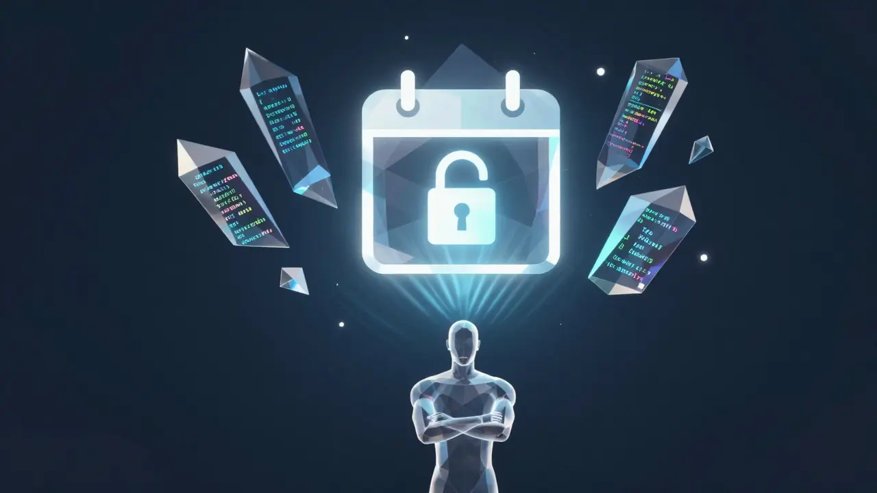 A smart contract as a glowing crystal structure unlocking automatically with visual triggers.