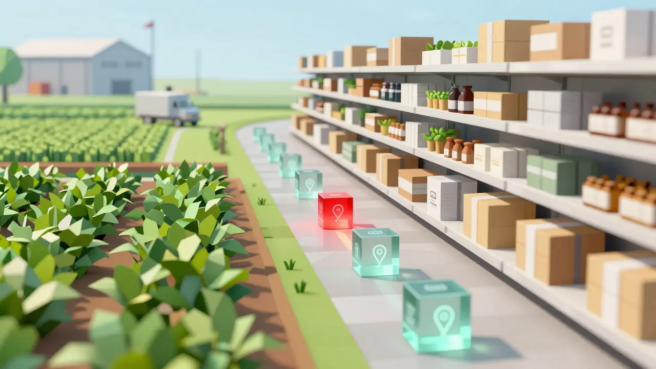 A supply chain traced with low-poly blocks showing timestamps and locations from farm to shelf.
