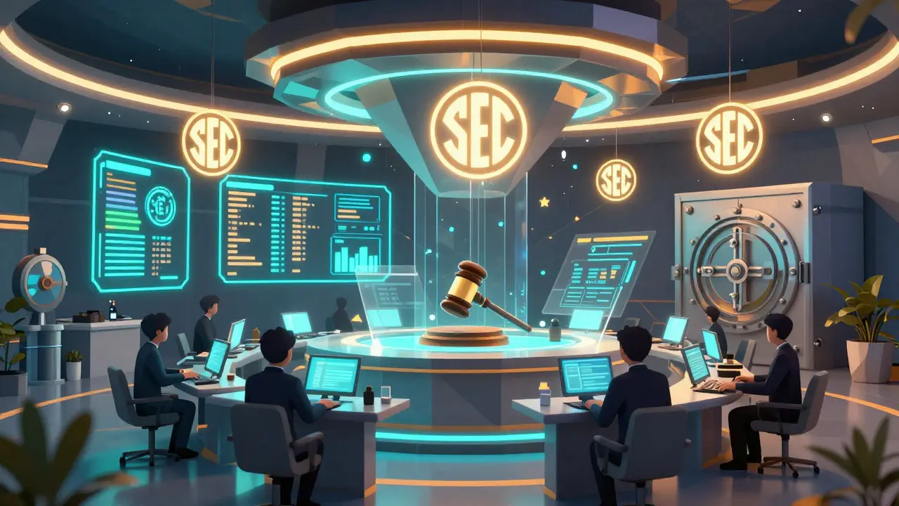 A Thai regulatory control room with holographic crypto data and criminal consequences in low poly design.