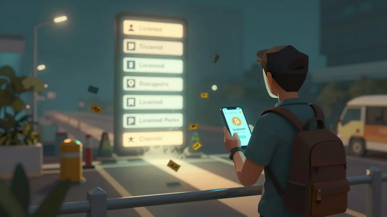 A traveler facing a blocked crypto app while licensed platforms glow as a safe path ahead.