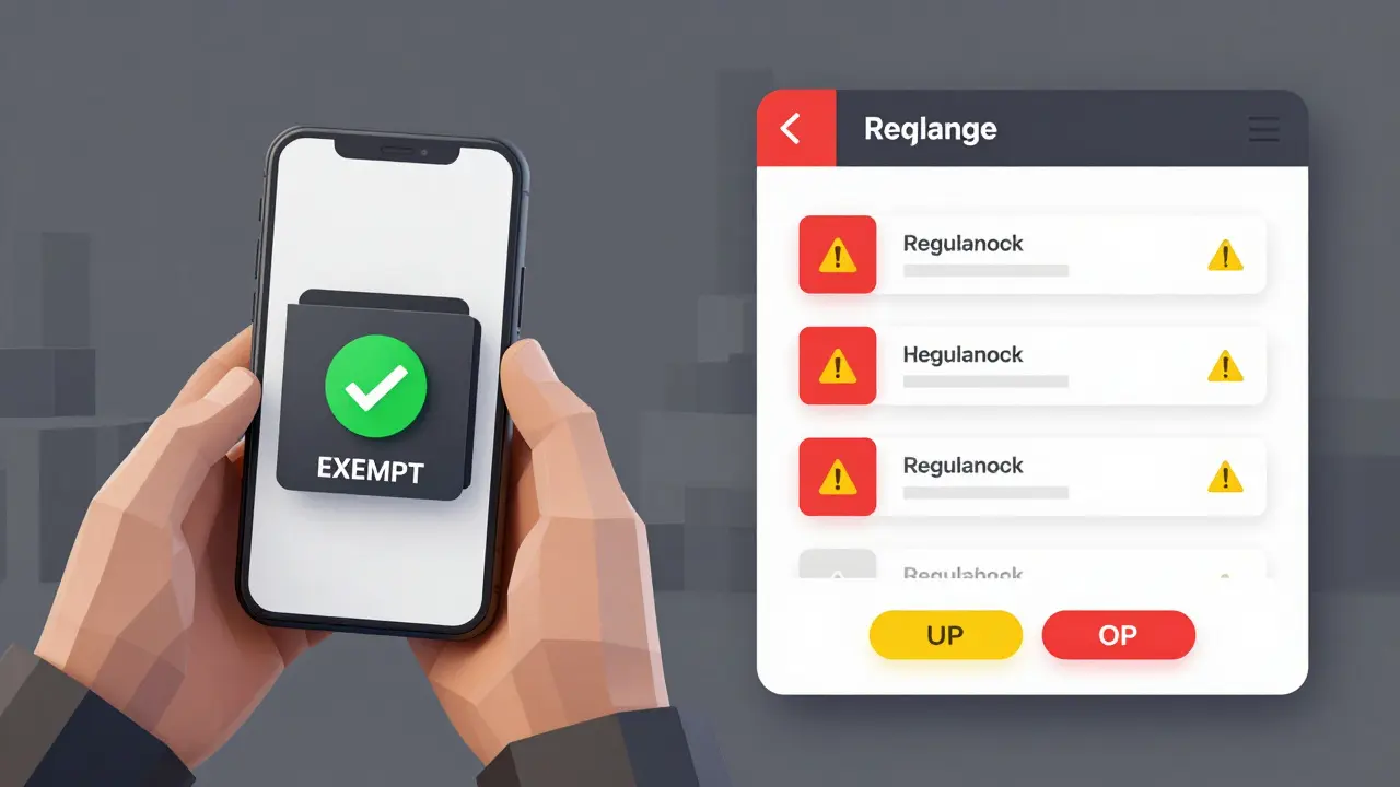 A user with a personal wallet exempt from rules vs. a blocked exchange transaction in low-poly design.