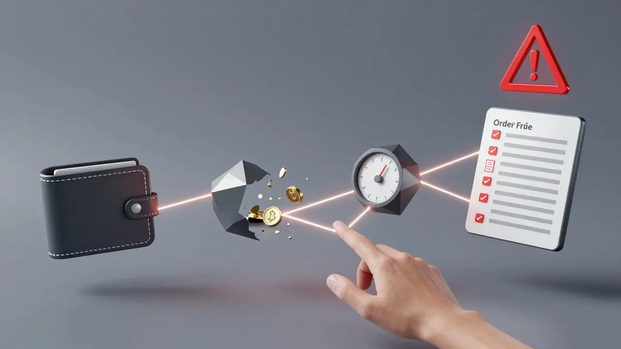 Abstract low poly trading process with broken nodes and a warning triangle, symbolizing ForkDelta's risks.