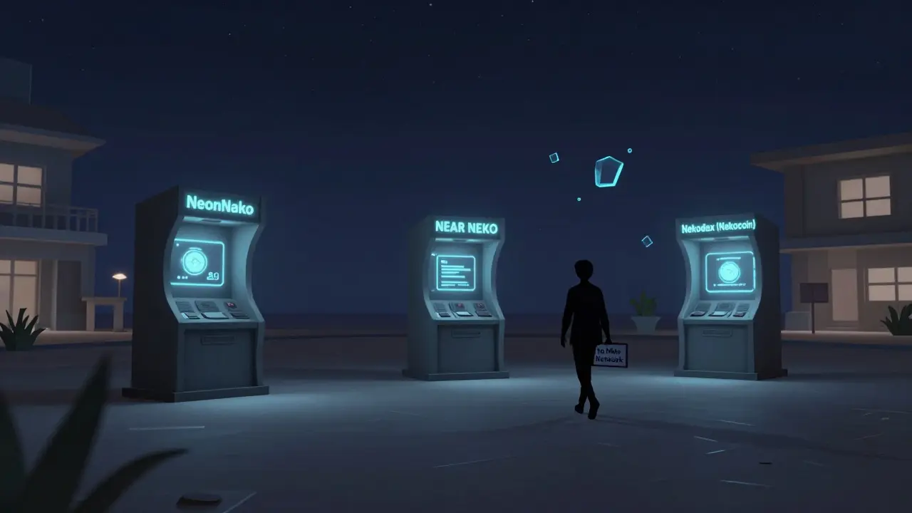 An empty digital plaza with three abandoned token terminals and a figure walking away.