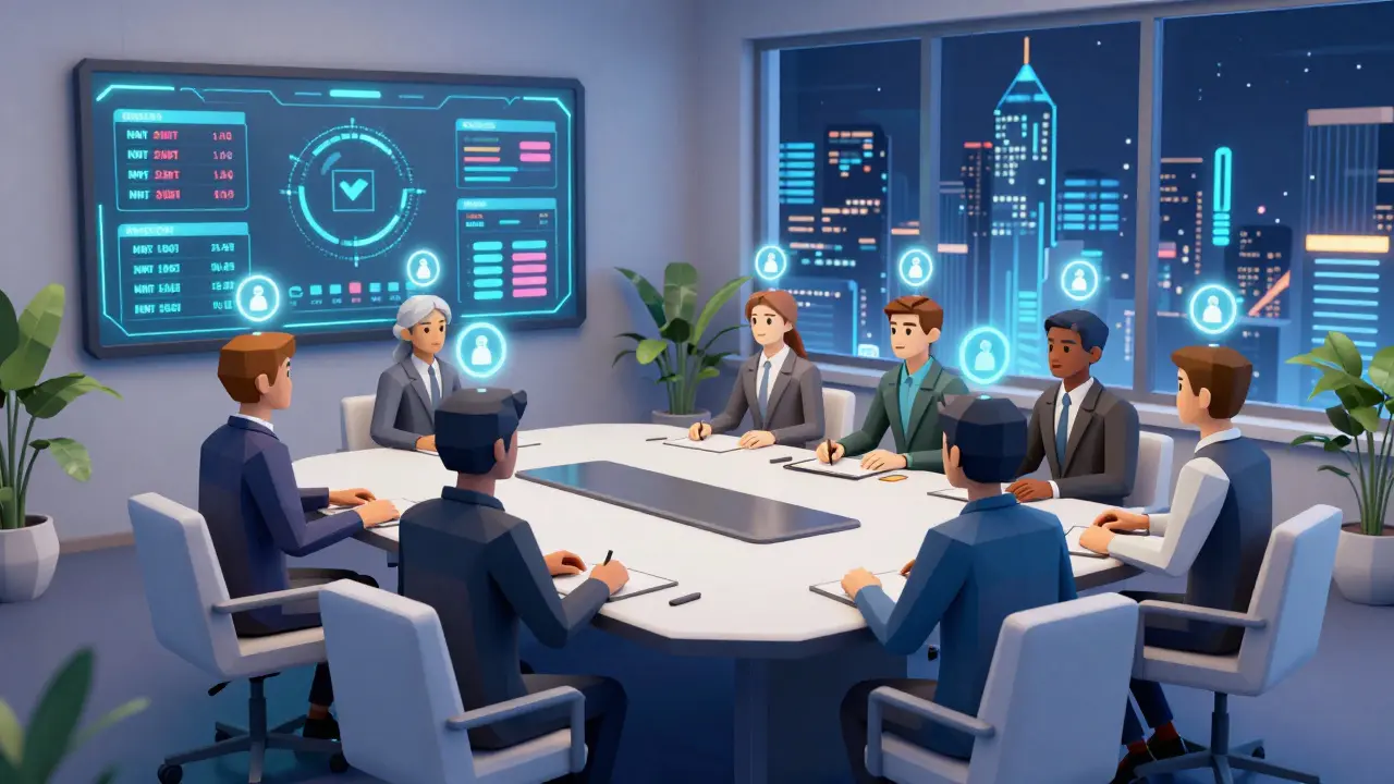 Avatars in a virtual boardroom with blockchain verification badges and holographic data